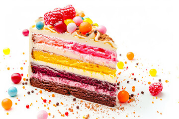 colorful cake with a slice missing, revealing its rainbow colored layers