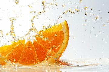 slice of orange making a splash in a  of clear water