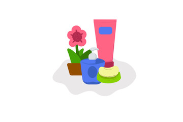 llustration collection of types of soap. Bars of solid soap and liquid soap in a bottle.