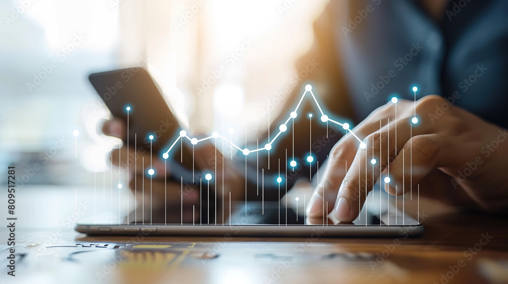 Poster businessman using mobile smartphone and icon network connection data with growth graph customer, dig