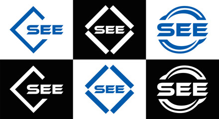 SEE logo. S E E design. White SEE letter. SEE, S E E letter logo design. Initial letter SEE letter logo set, linked circle uppercase monogram logo. S E E letter logo vector design.	
