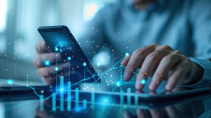 Businessman using mobile smartphone and icon network connection data with growth graph customer, digital marketing, banking and payment online, analysis and planning of business