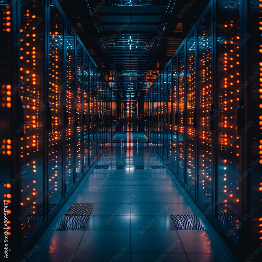 Poster a high-tech data center, with rows of glowing servers: comprehensive network solutions.