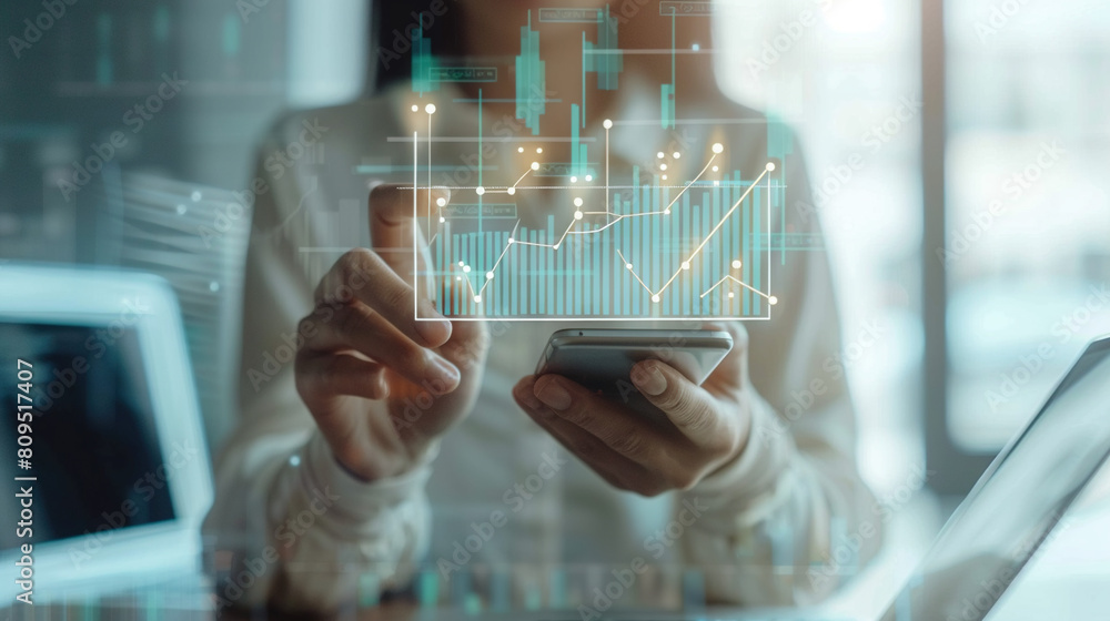 Aufkleber businessman using mobile smartphone and icon network connection data with growth graph customer, dig