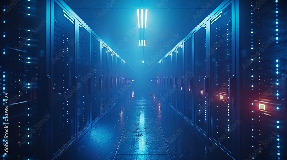Poster a high-tech data center, with rows of glowing servers: computing infrastructure and network manageme