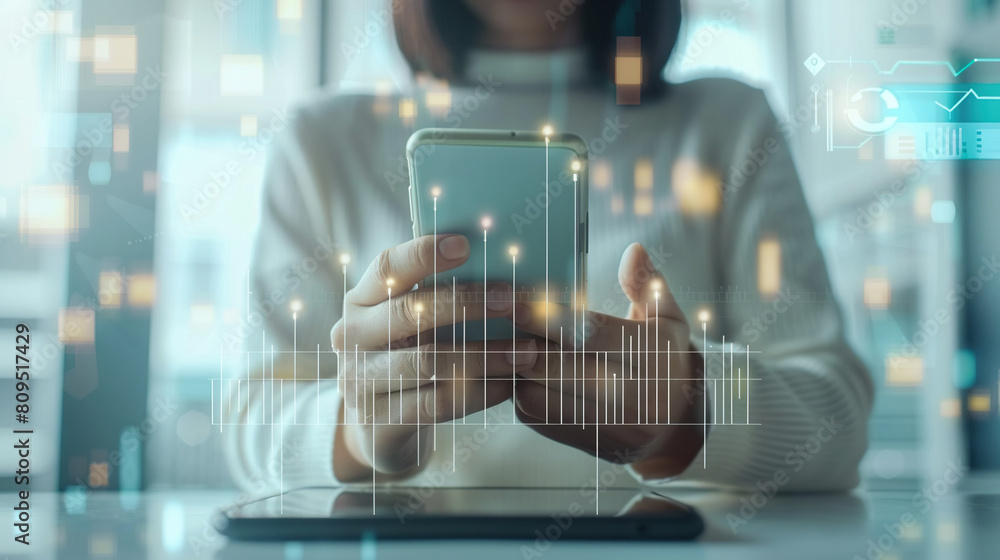 Poster businessman using mobile smartphone and icon network connection data with growth graph customer, dig
