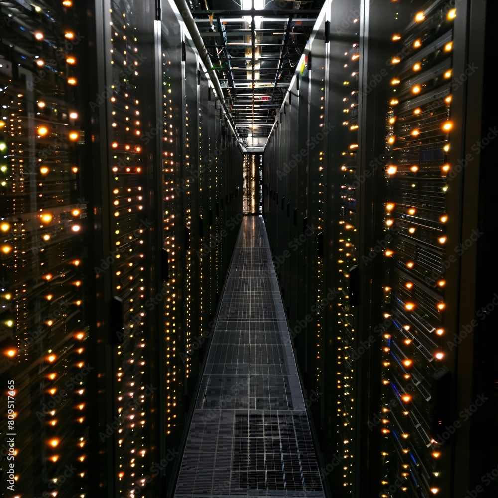 Poster a high-tech data center, with rows of glowing servers: data and backup safety measures.
