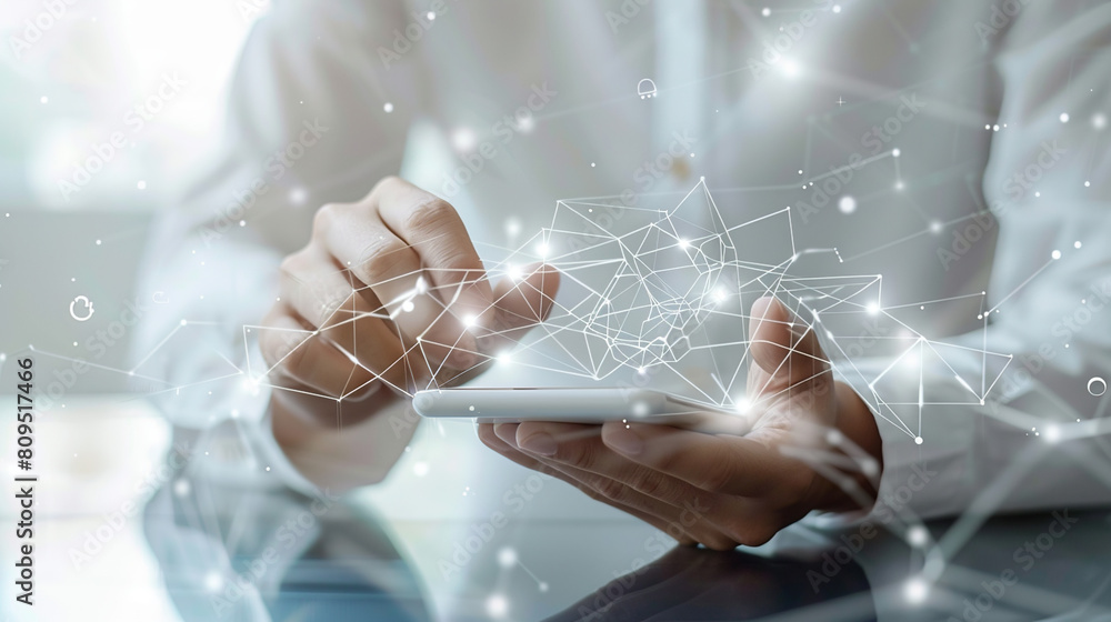 Poster businessman using mobile smartphone and icon network connection data with growth graph customer, dig