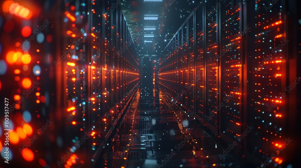 Poster a high-tech data center, with rows of glowing servers: data management and storage systems.