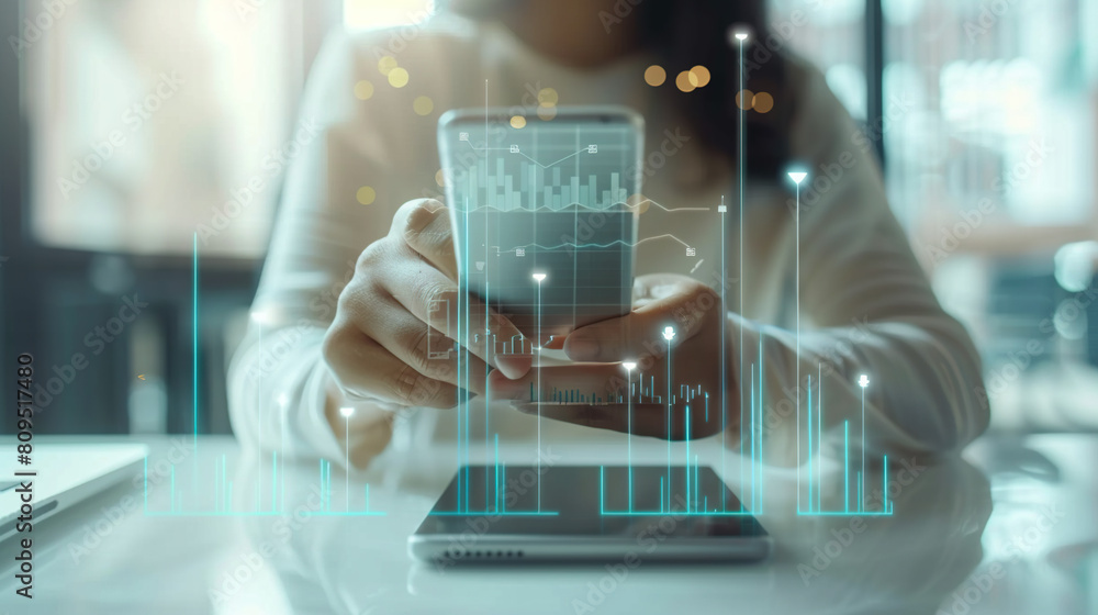 Poster businessman using mobile smartphone and icon network connection data with growth graph customer, dig