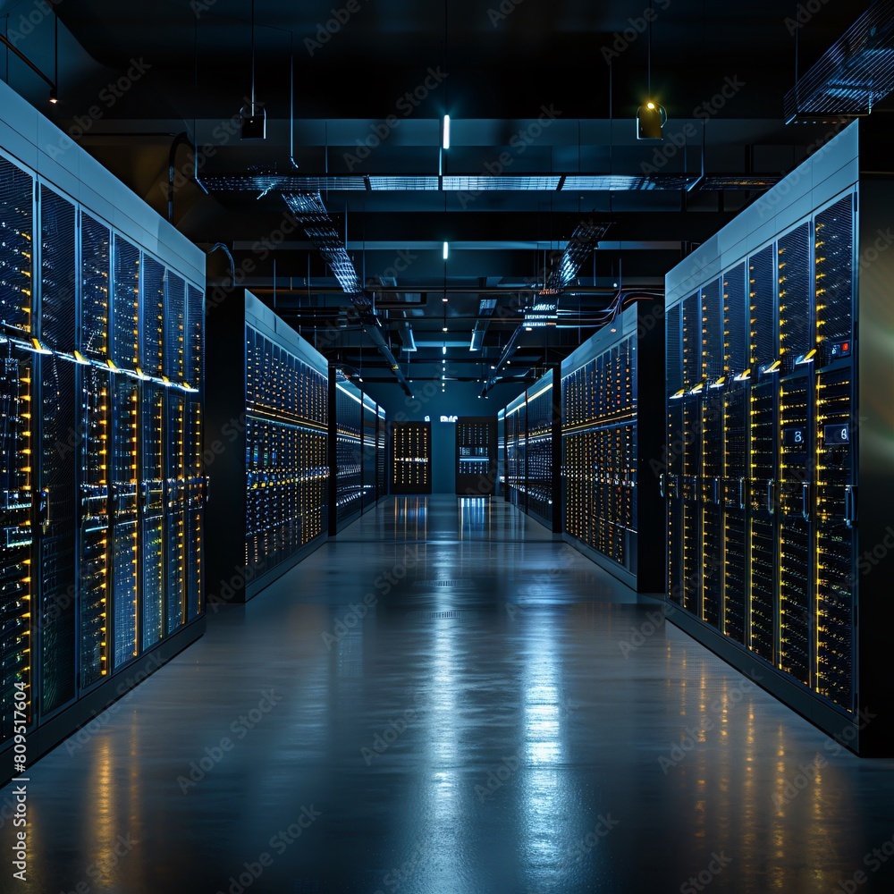 Poster a high-tech data center, with rows of glowing servers: high capacity data storage and retrieval.
