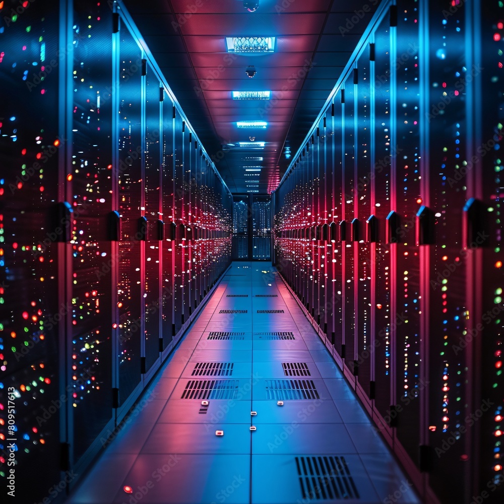 Aufkleber a high-tech data center, with rows of glowing servers: high-efficiency compute services.