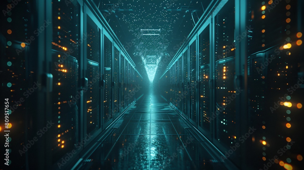 Poster a high-tech data center, with rows of glowing servers: high-performance data operations.