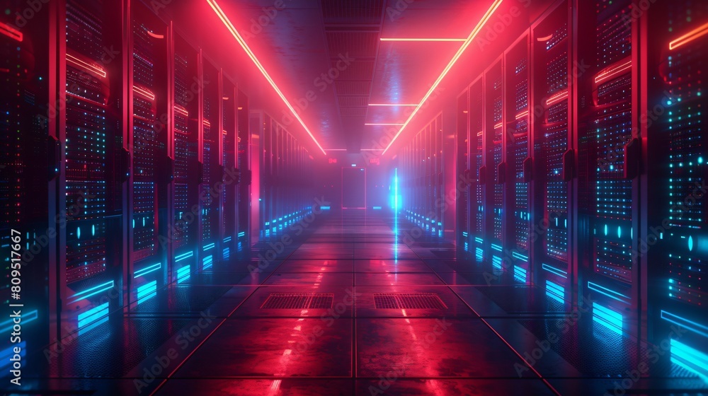 Poster a high-tech data center, with rows of glowing servers: high-speed network operations.