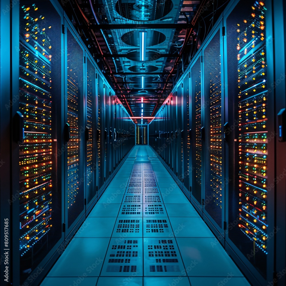 Poster a high-tech data center, with rows of glowing servers: high-throughput network services.