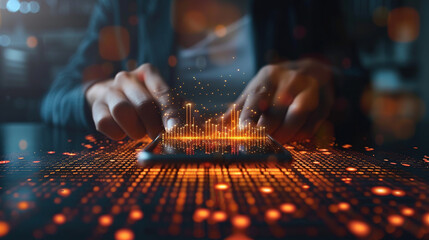 Businessman using mobile smartphone and icon network connection data with growth graph customer, digital marketing, banking and payment online, analysis and planning of business