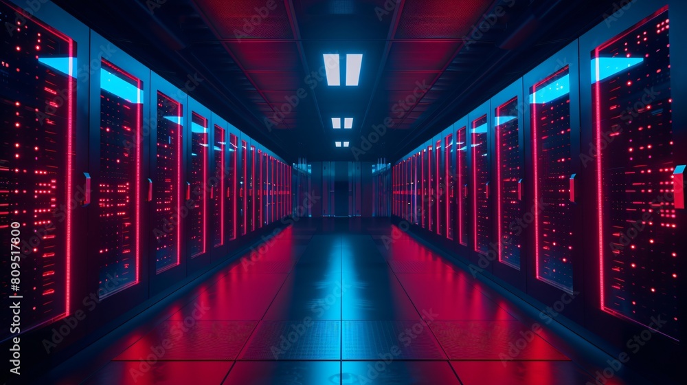 Aufkleber a high-tech data center, with rows of glowing servers: next-level compute and network integration.