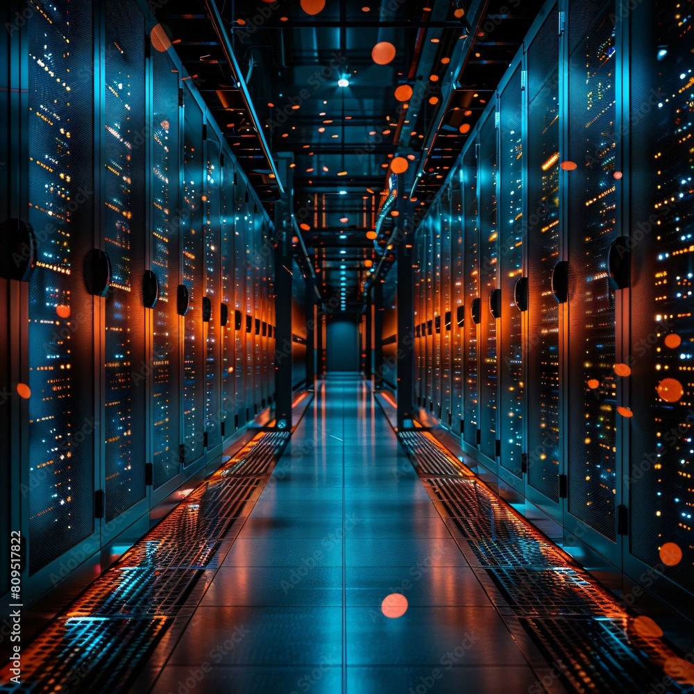 Aufkleber a high-tech data center, with rows of glowing servers: optimal data management framework.