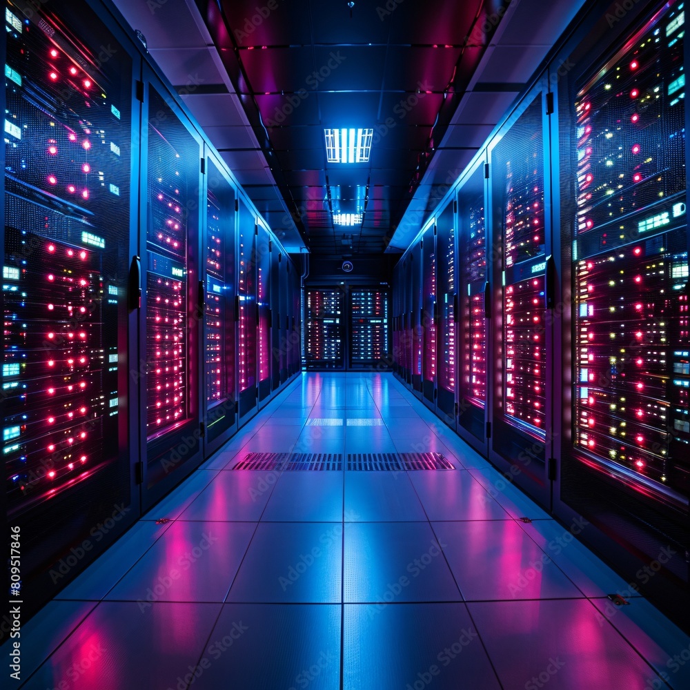 Poster a high-tech data center, with rows of glowing servers: optimized data and compute services.
