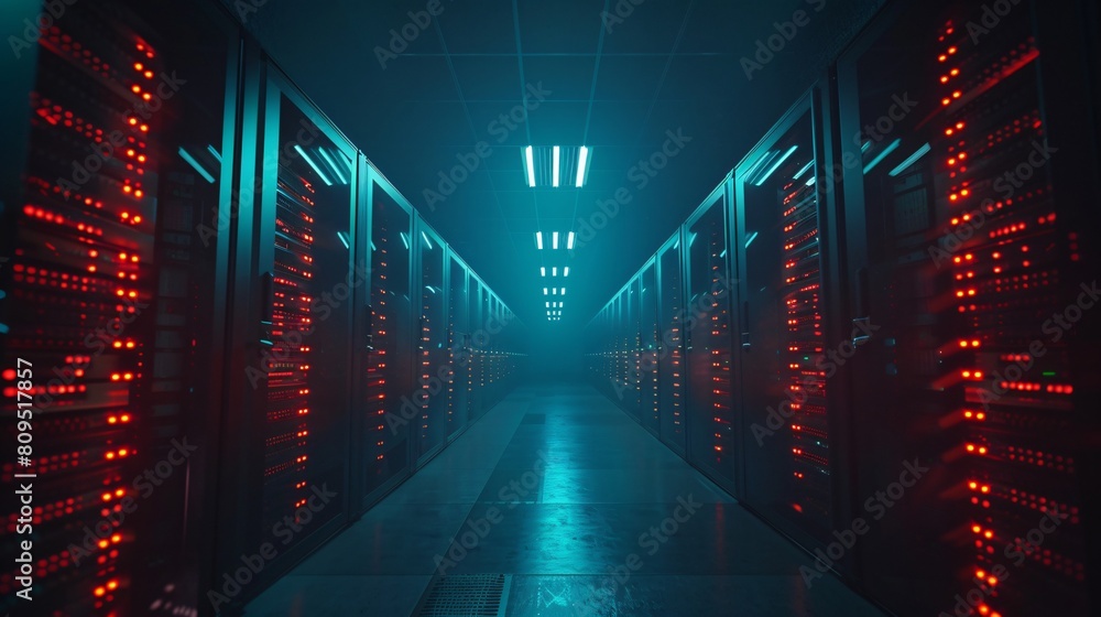 Poster a high-tech data center, with rows of glowing servers: powering modern compute needs.