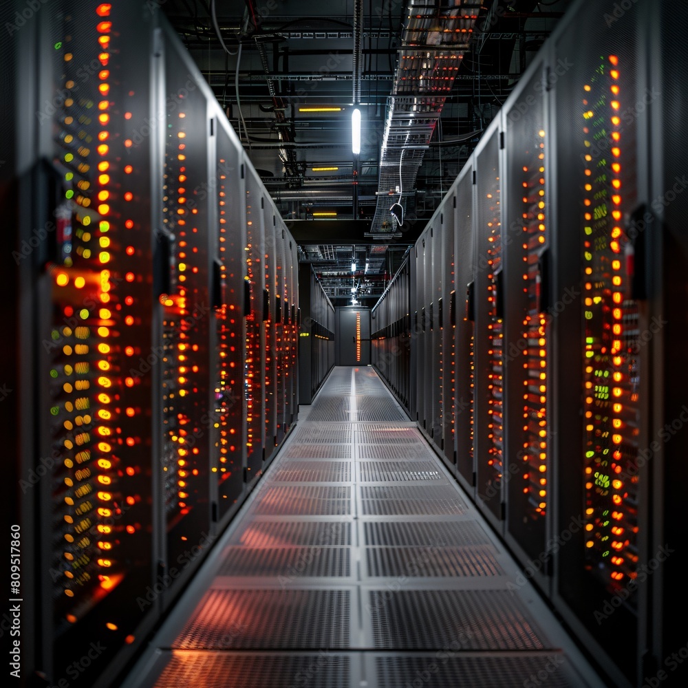 Poster a high-tech data center, with rows of glowing servers: next-gen data handling capabilities.