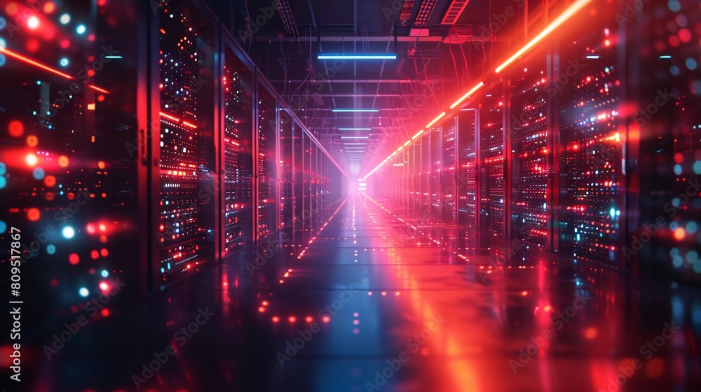 Poster a high-tech data center, with rows of glowing servers: precision engineered backup systems.