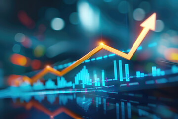 arrow pointing upwards digital chart, blured background, business graph showing growth