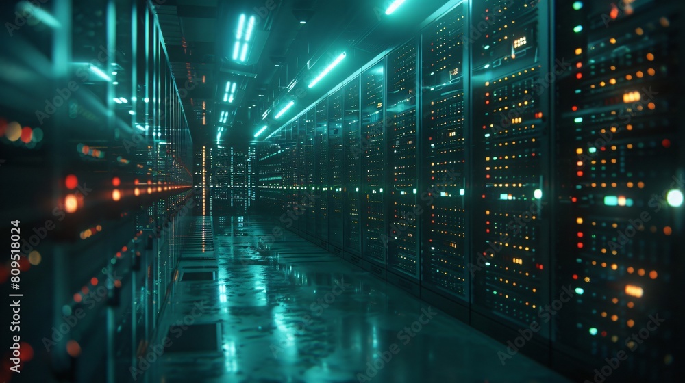 Poster a high-tech data center, with rows of glowing servers: the epicenter of network management.