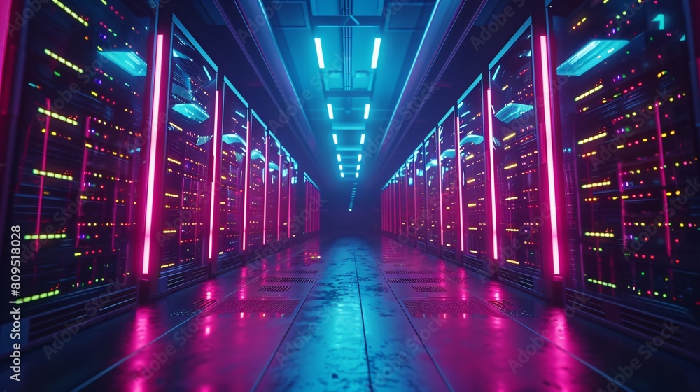 Poster a high-tech data center, with rows of glowing servers: the future of network security.