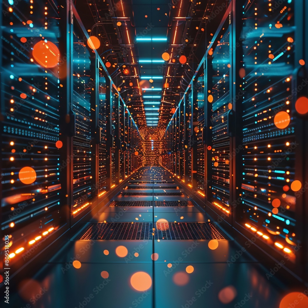 Poster a high-tech data center, with rows of glowing servers: the heart of data storage.