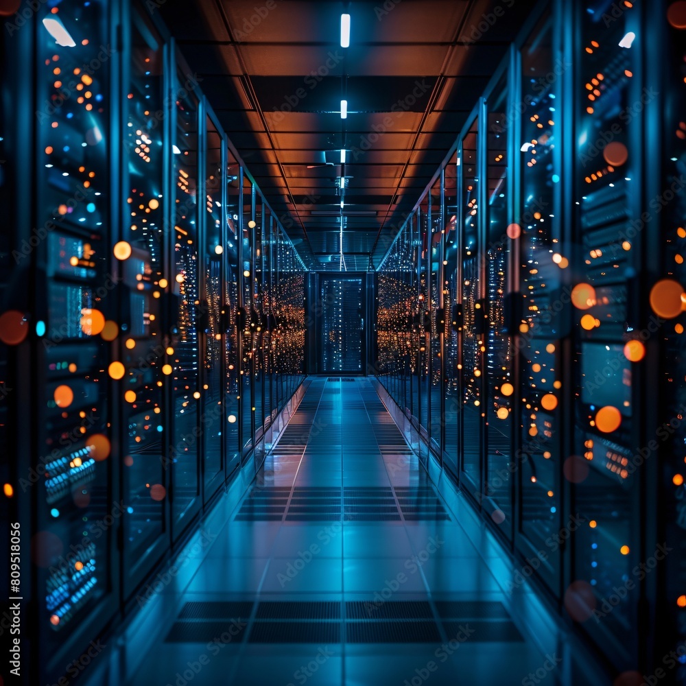 Poster a high-tech data center, with rows of glowing servers: the nerve center for data operations.