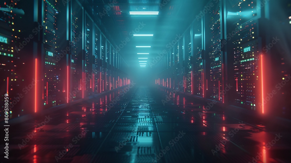Aufkleber a high-tech data center, with rows of glowing servers: the powerhouse of network management.