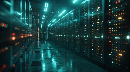 A high-tech data center, with rows of glowing servers: The Epicenter of Network Management.