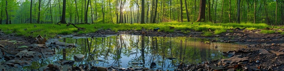 Springtime in the Forest: Greenery, small pond, peaceful atmosphere.

