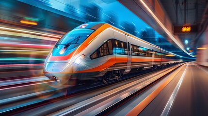 Highspeed train in motion at the station, blurred background, fast moving lights, long exposure, blurred effect, motion blur, fast speed of an express train. 