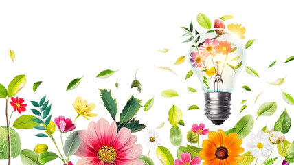 Inspirational Light Bulb with Colorful Flowers and leaves isolated on a transparent background
