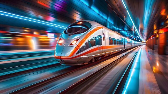 Highspeed train in motion at the station, blurred background, fast moving lights, long exposure, blurred effect, motion blur, fast speed of an express train. 
