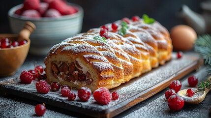 cake with cherries, Freshly Baked Fruit Strudel with Powdered Sugar on Rustic Wooden Board, Gourmet Berry Pastry: A Delicious Dessert for Any Occasion, Elegant Raspberry, generative ai - Powered by Adobe