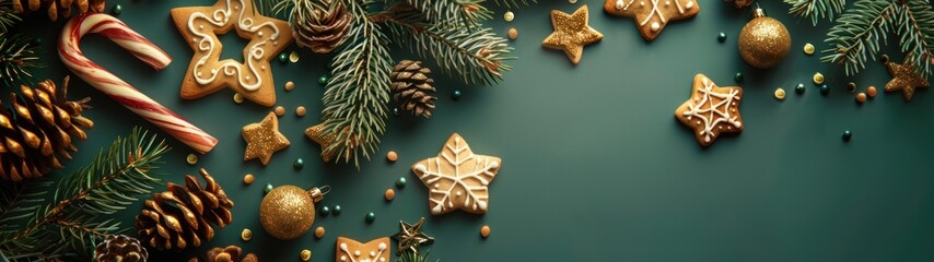 A dark green background with a border of golden Christmas decorations, including gingerbread cookies, candy canes, and pinecones. Christmas and New Year celebration concept.
