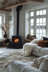 an appartement in an arctic winter setting with cosy interior and a lit oven