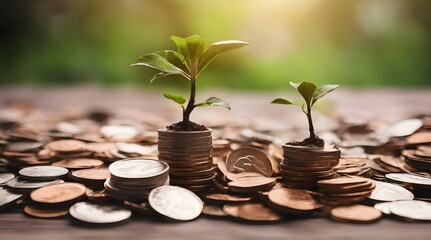 concept of financial investment money saving money growth business success and eco business investment sustainable finance hand holding step of coins stacks with tree growing on. generative.ai