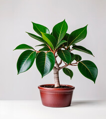 Elastic ficus plant in a pot, isolated on white background