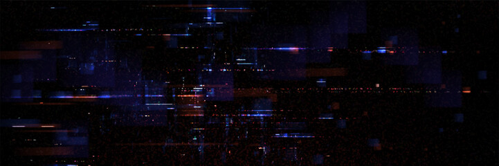 Fototapeta premium Glitch game effect tv screen with pixel texture background. Vhs digital pattern with retro television graphic design. Signal error broadcast overlay with distortion line art. Wide speed rewind frame