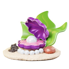 3D Icon Summer. shells and pearls. Isolated on transparant background. 3D illustration. High resolution