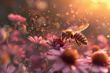 Detailed close-up of a bee gathering nectar from flowers and transforming it into honey, capturing the magic of nature's sweet alchemy.