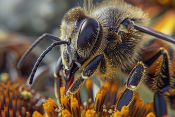 Close-up view of a bee extracting nectar from flowers to produce honey, capturing the essence of nature's sweet gift with stunning realism.