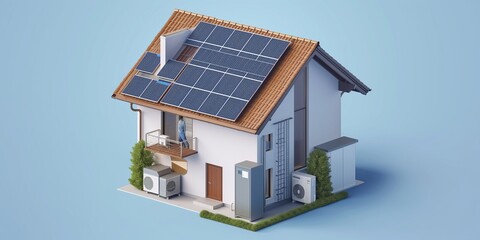 Fototapeta premium Solar panels on the eco friendly modern roof house illustration. Renewable green energy concept.