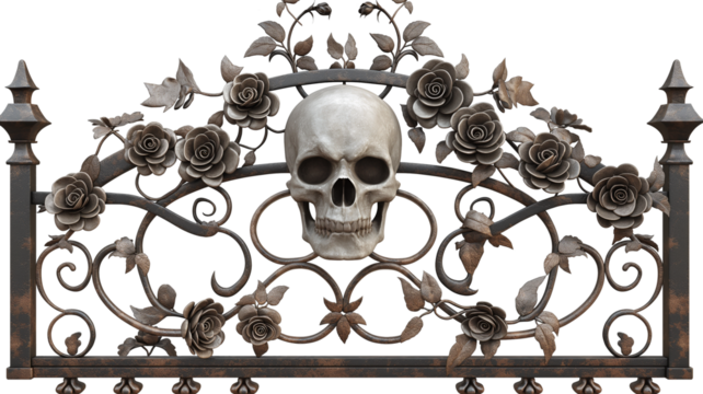 Iron gate with skull and flowers-haunted and spooky decoration isolated on a transparent background