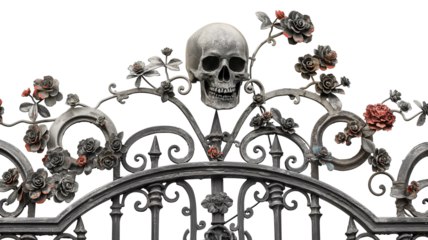 Iron gate with skull and flowers-haunted and spooky decoration isolated on a transparent background