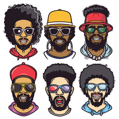 Six caricature illustrations African American men different facial expressions, portrait features distinct hairstyles, headwear, glasses, beard styles. Characters exhibit various emotions, attire